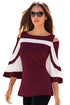 Sexy Burgundy White Colorblock Bell Sleeve Cold Shoulder Top
